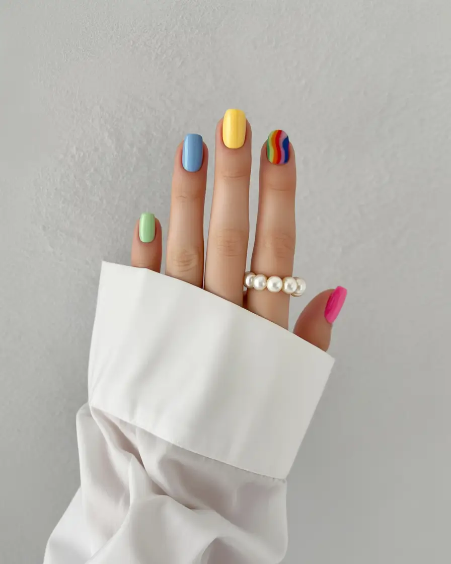 fresh spring vacation nails 2026 Playful Multicolor Square for Bold Spring Energy