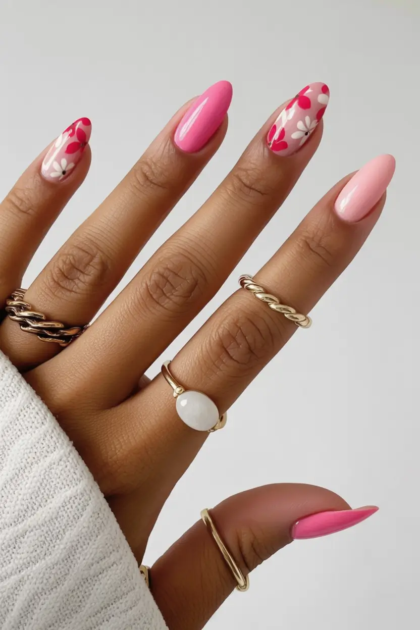 fresh spring vacation nails 2026 Pink Blossom Almond for Romantic Spring Moments