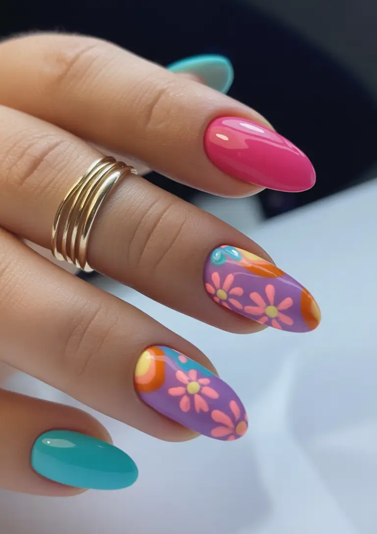 fresh spring vacation nails 2026 Retro Multicolor Floral Almond for Bold Getaways