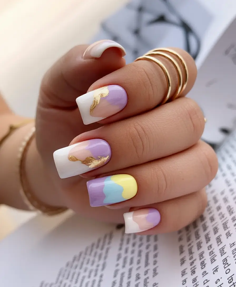 fresh spring vacation nails 2026 Pastel Square Long with Gold Accents