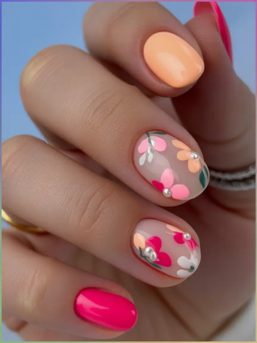 fresh spring vacation nails 2026 Bright Pink Floral Pop for Spring Energy