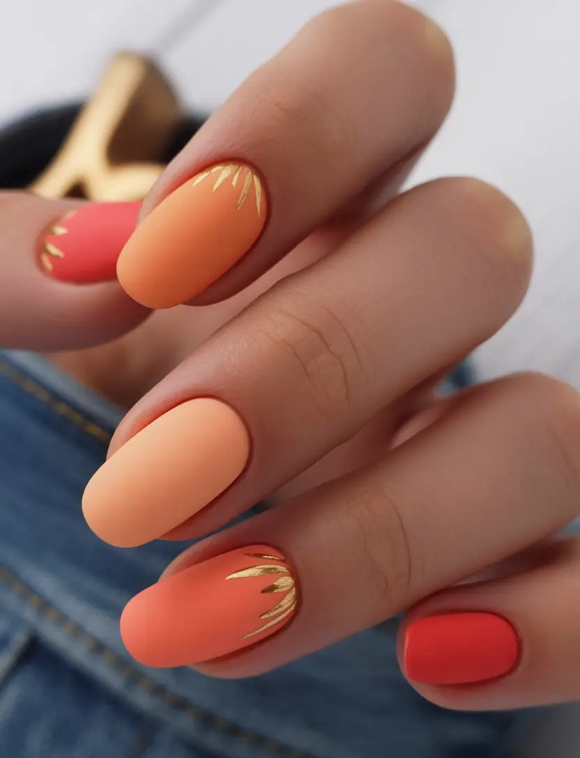 fresh spring vacation nails 2026 Sunset Peach Almond with Golden Rays