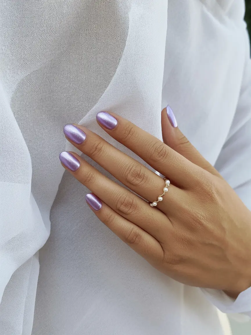 fresh spring vacation nails 2026 Lilac Chrome Glow for Soft Spring Evenings