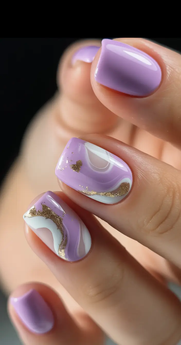 fresh spring vacation nails 2026 Lavender Marble Square Short with Gold Veins