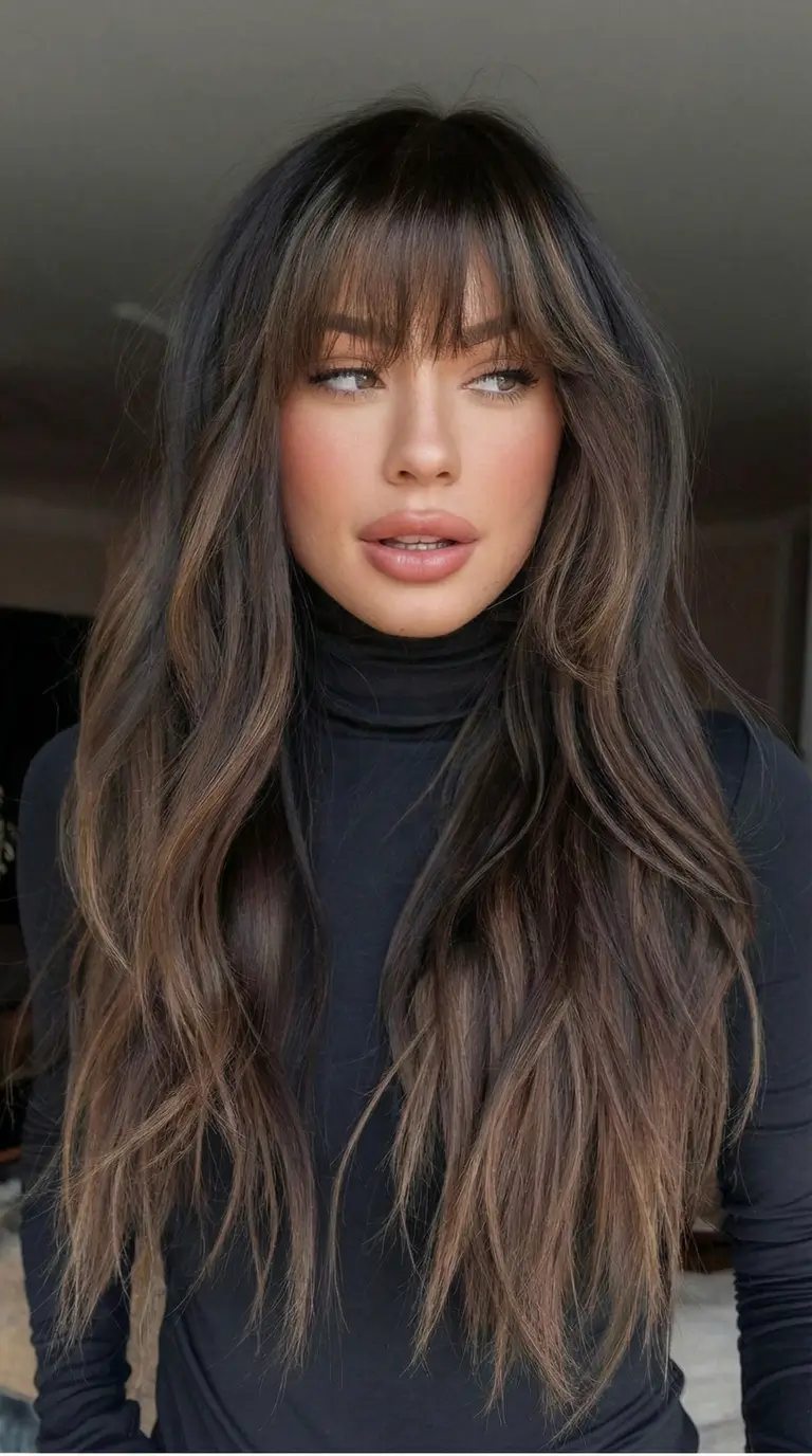 latest spring hair trends 2026 Dimensional Brunette with Feathered Spring Bangs