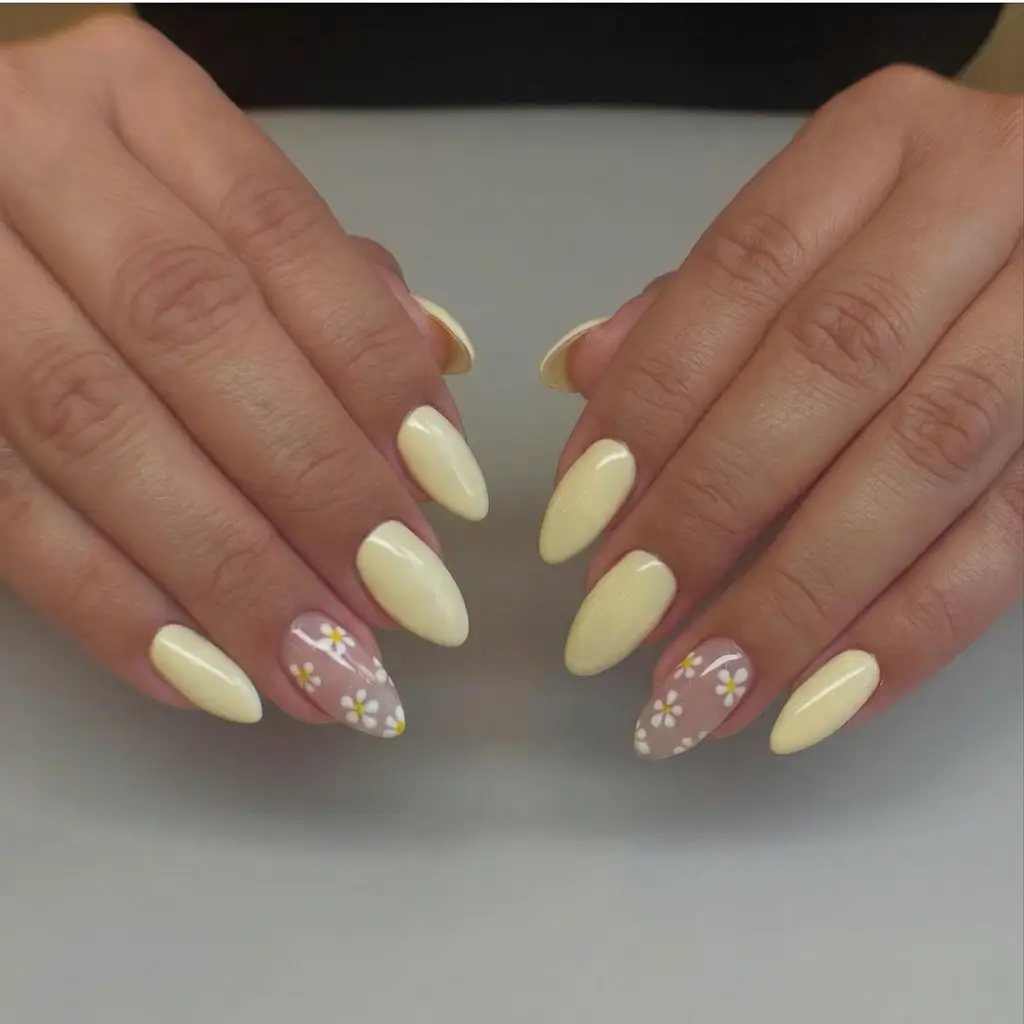 March Nails Color - Spring Ideas 2026 Soft Vanilla Almond With Tiny Spring Blooms