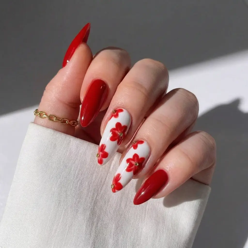 March Nails Color - Spring Ideas 2026 Bold Red Almond Nails With Floral Spring Energy