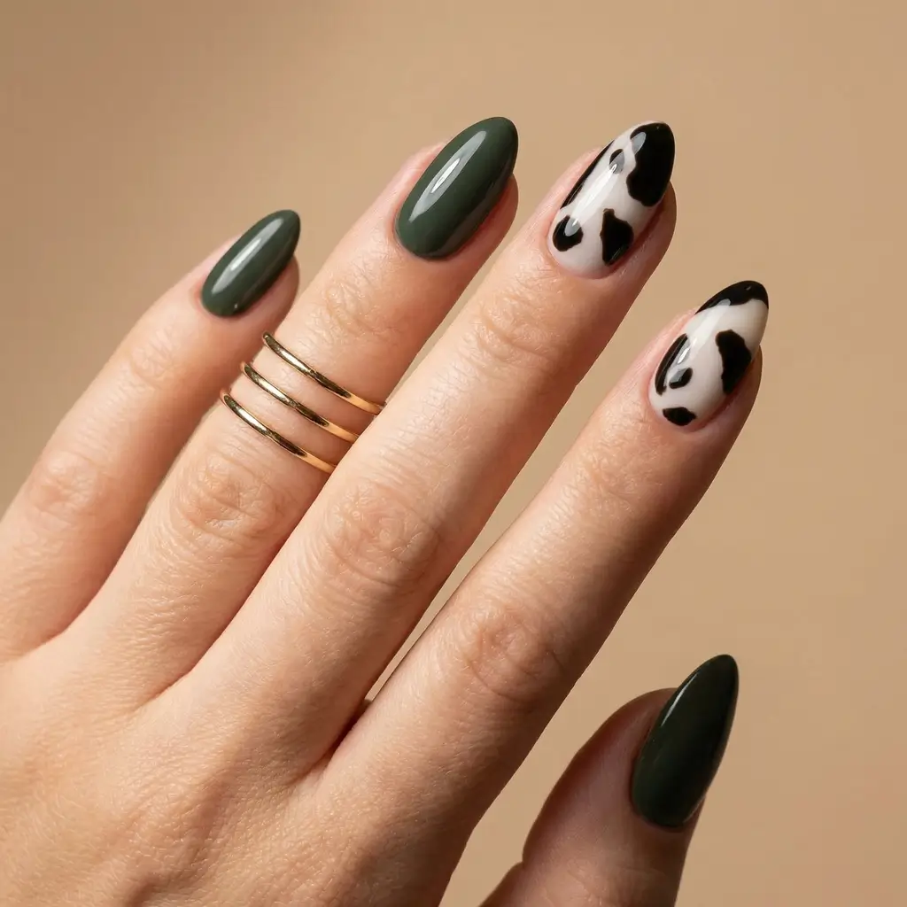 March Nails Color - Spring Ideas 2026 Olive Almond Nails With Chic Cow Print Accents
