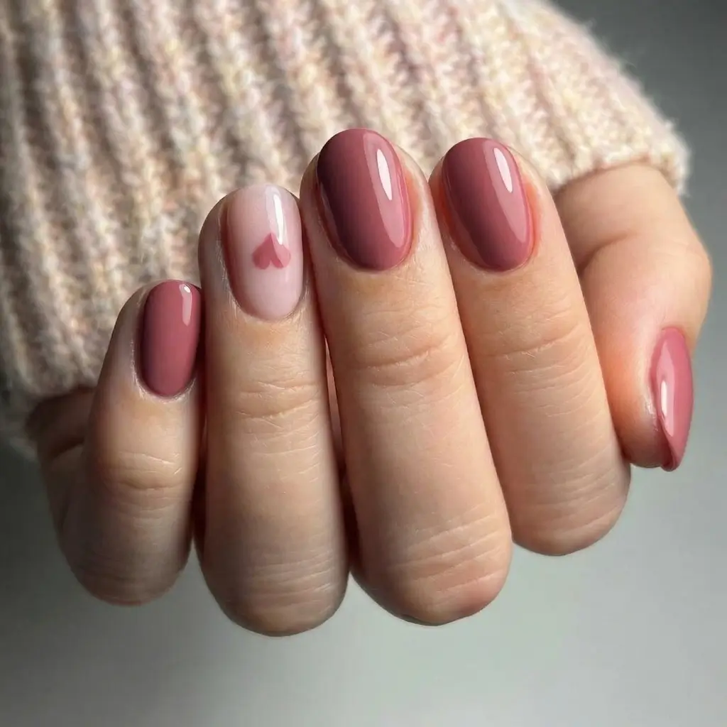 March Nails Color - Spring Ideas 2026 Muted Mauve With a Tiny Heart Accent for Sweet Minimalism