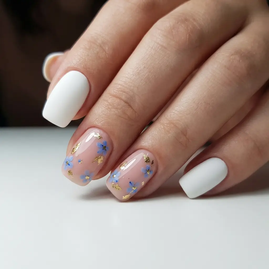 March Nails Color - Spring Ideas 2026 White Matte and Blue Blossom Accents for Crisp Spring Contrast