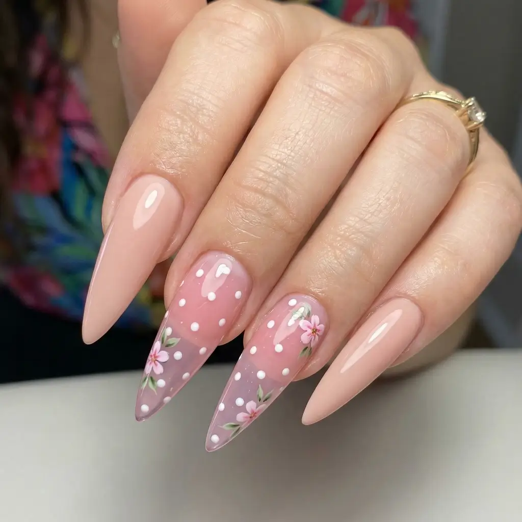 March Nails Color - Spring Ideas 2026 Blush Petal Stiletto Nails With Floating Flowers