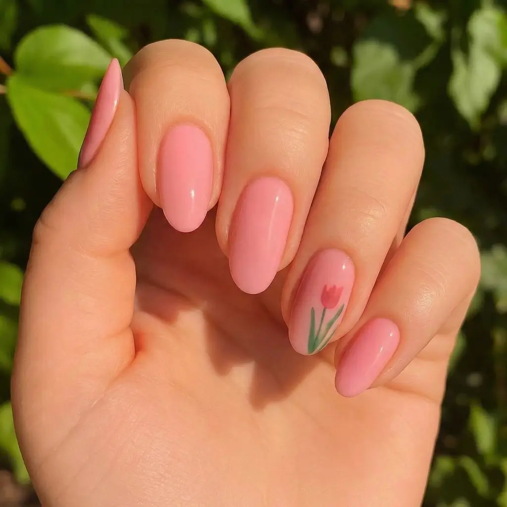 March Nails Color - Spring Ideas 2026 Soft Pink Tulip Accent for a Fresh Spring Bloom