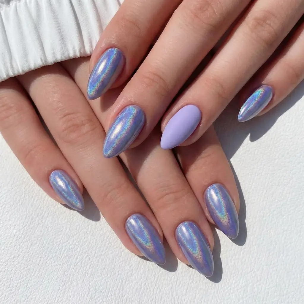 March Nails Color - Spring Ideas 2026 Iridescent Lavender Glow for a Dreamy Early Spring Vibe
