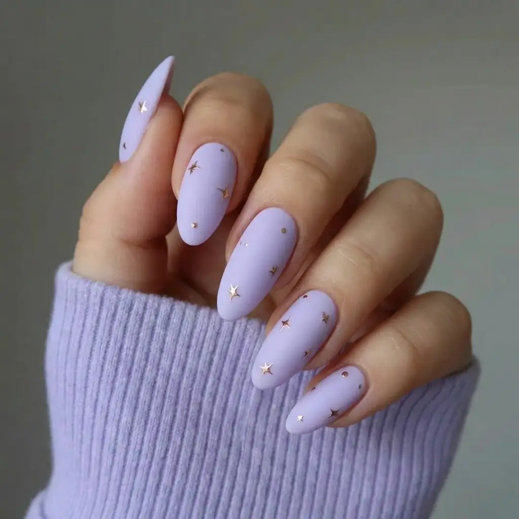 March Nails Color - Spring Ideas 2026 Soft Lavender Matte With Golden Star Accents