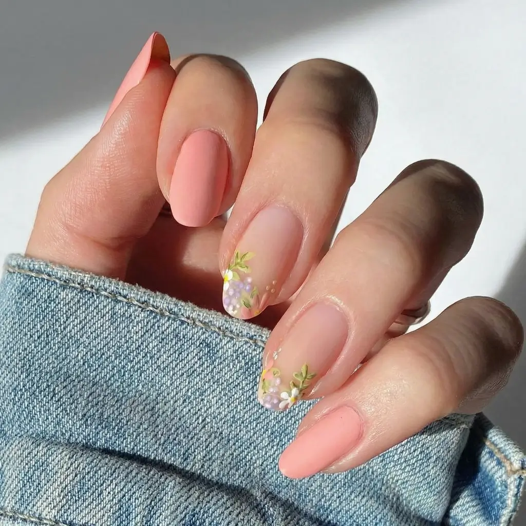 March Nails Color - Spring Ideas 2026 Peach Blossom Nails With Delicate Garden Tips