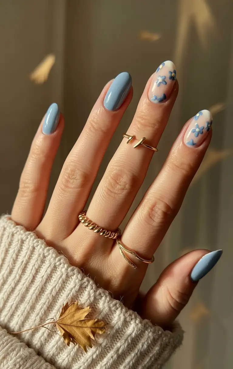 March Nails design - Spring Ideas 2026 Soft Blue Florals for a Calm Spring Moment