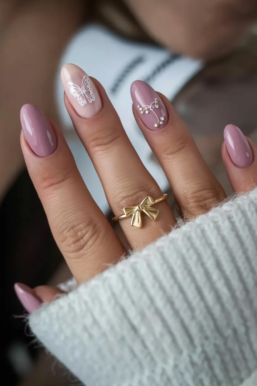 March Nails design - Spring Ideas 2026 Butterfly Charms and Soft Mauve Shades