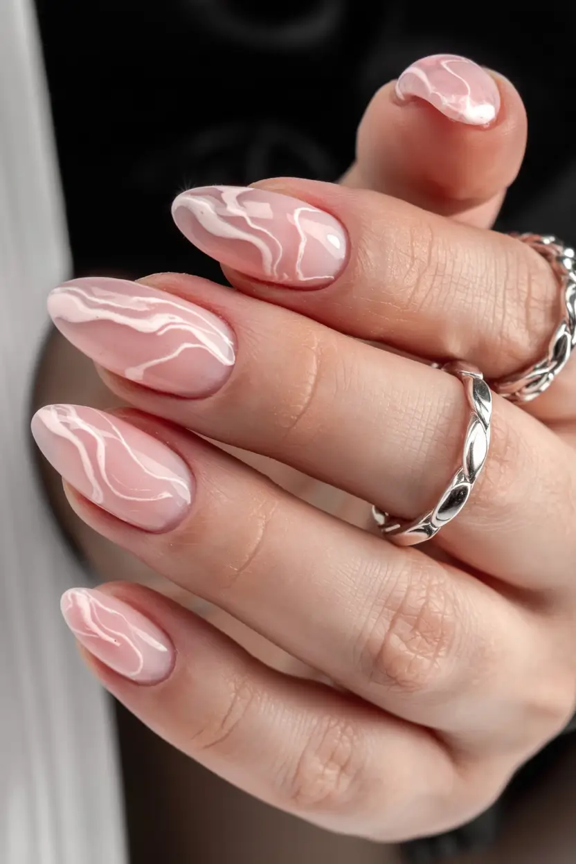 March Nails design - Spring Ideas 2026 Soft Marble Almond Waves for Spring 2026