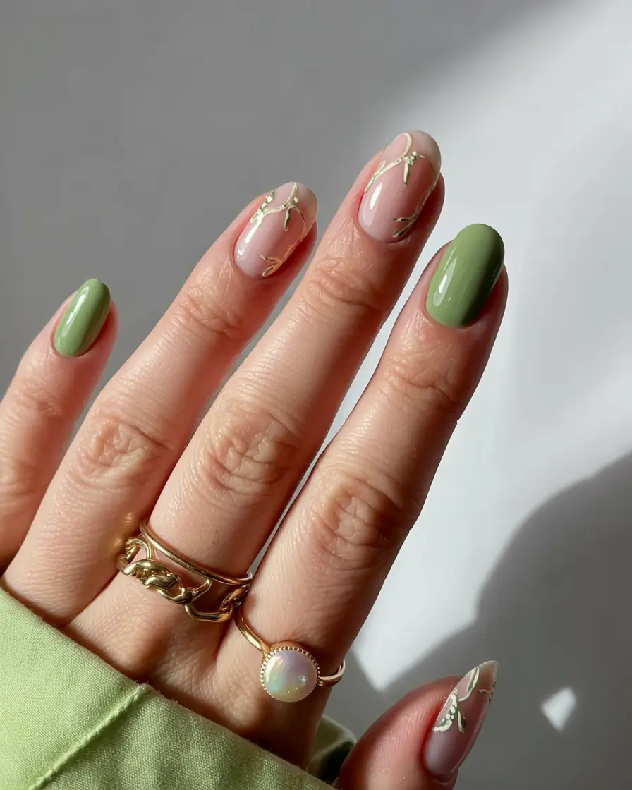 March Nails design - Spring Ideas 2026 Gold Branch Accents on Soft Green Hues