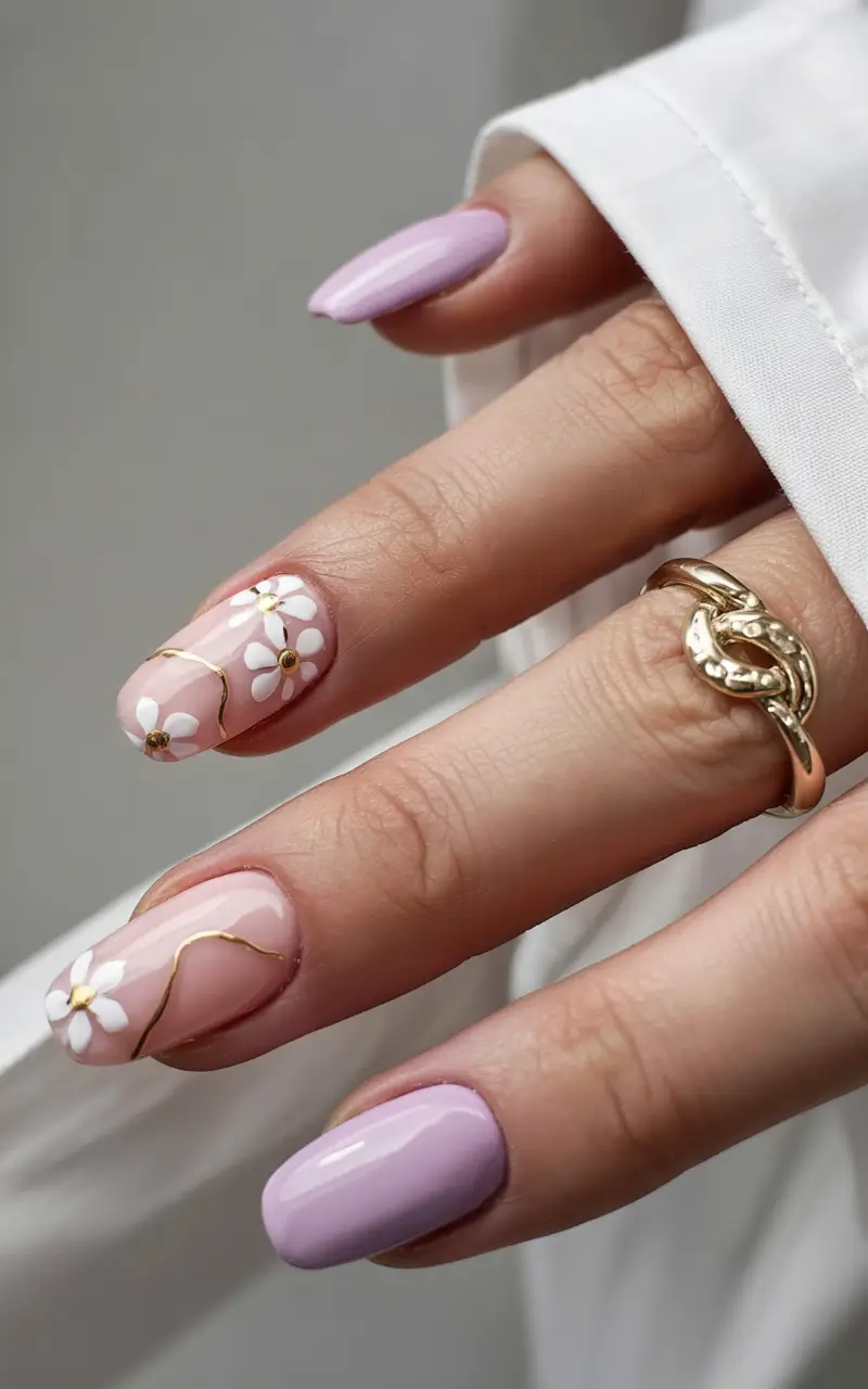 March Nails design - Spring Ideas 2026 Soft Lilac Lines and Daisies
