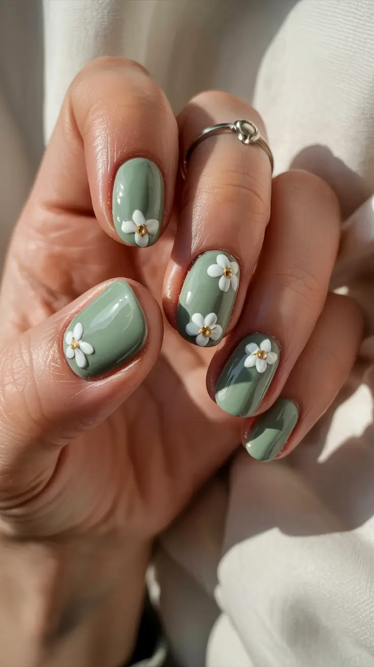 March Nails design - Spring Ideas 2026 Soft Sage Florals for a Calm Spring Mood