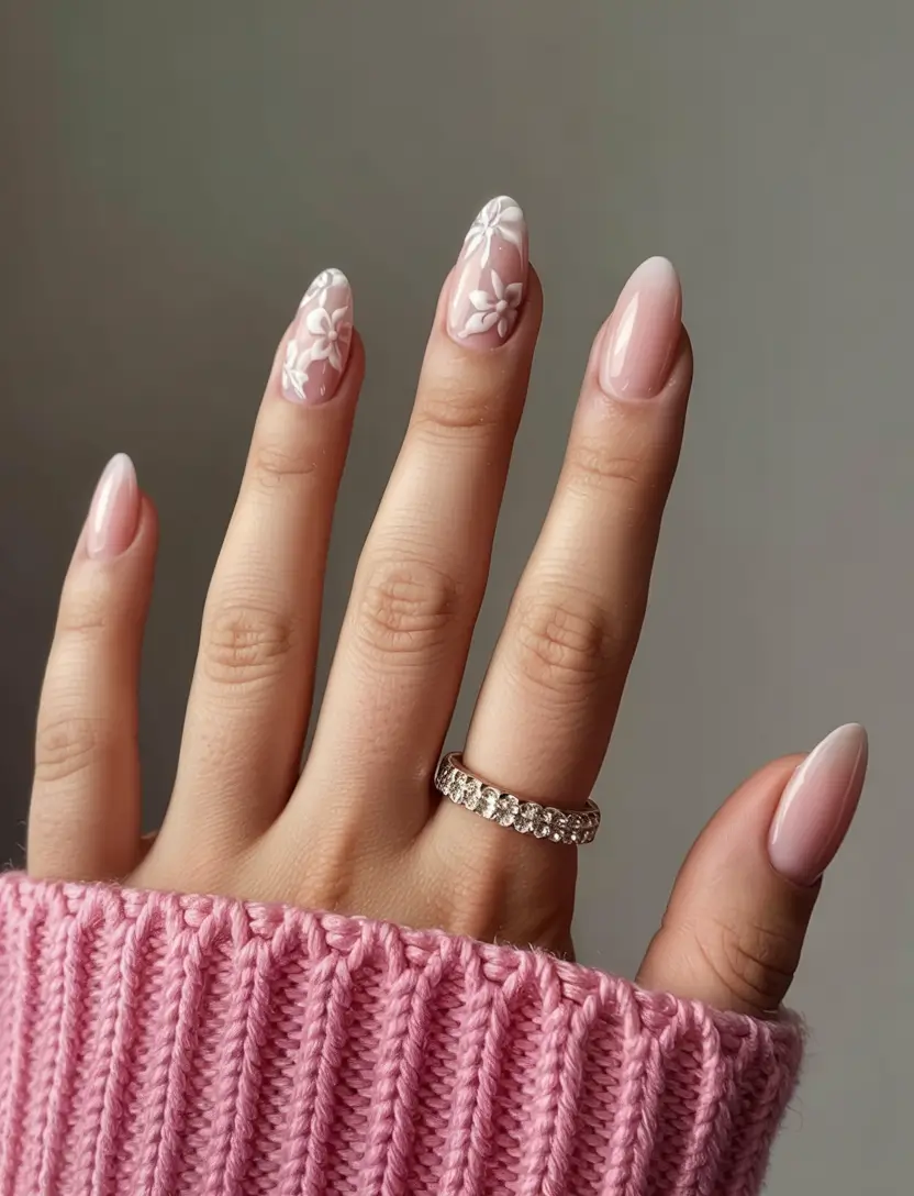 March Nails design - Spring Ideas 2026 White Blossom Almond Dreams
