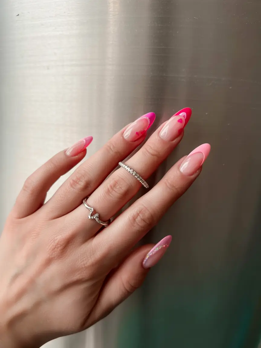 March Nails design - Spring Ideas 2026 Pink Edges and Modern Heart Accents