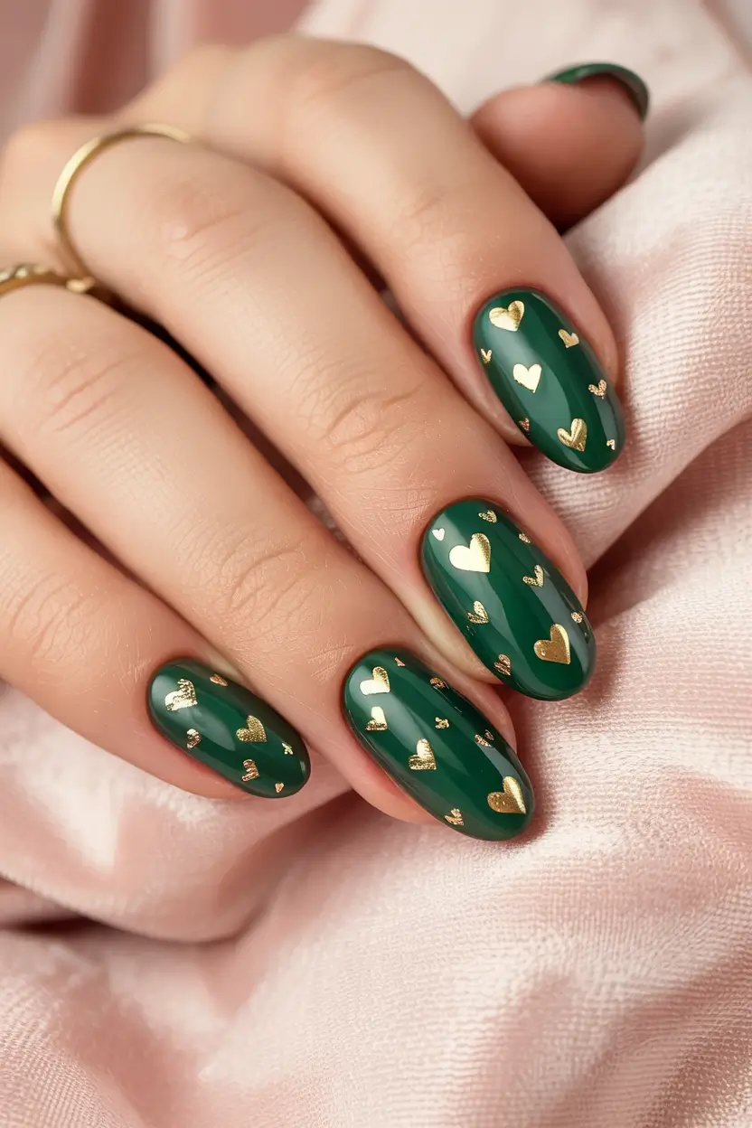 March Nails design - Spring Ideas 2026 Emerald Hearts for St Patrick Season