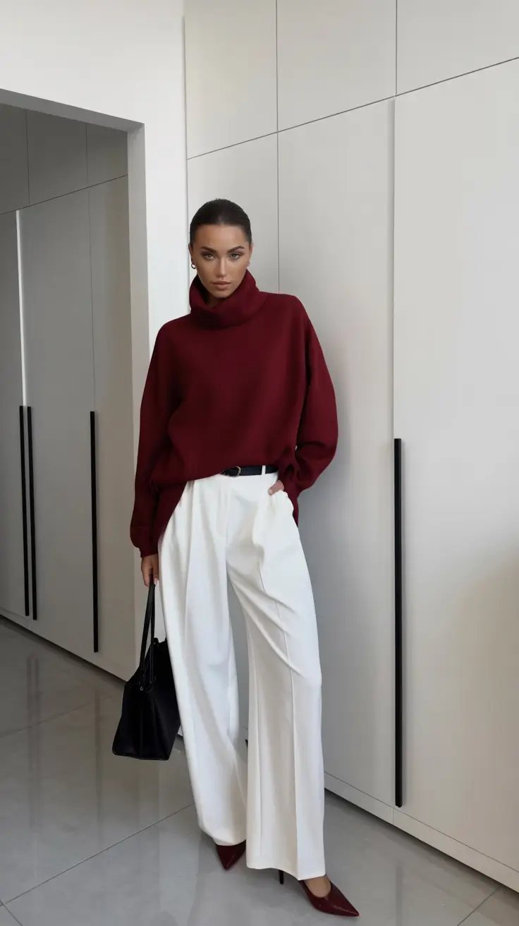 March Outfits - Spring Ideas 2026 Burgundy Elegance with Crisp White Trousers