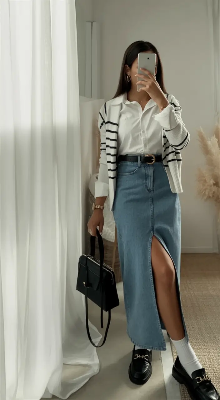 March Outfits - Spring Ideas 2026 Striped Layers with a Denim Skirt and a Classic Twist