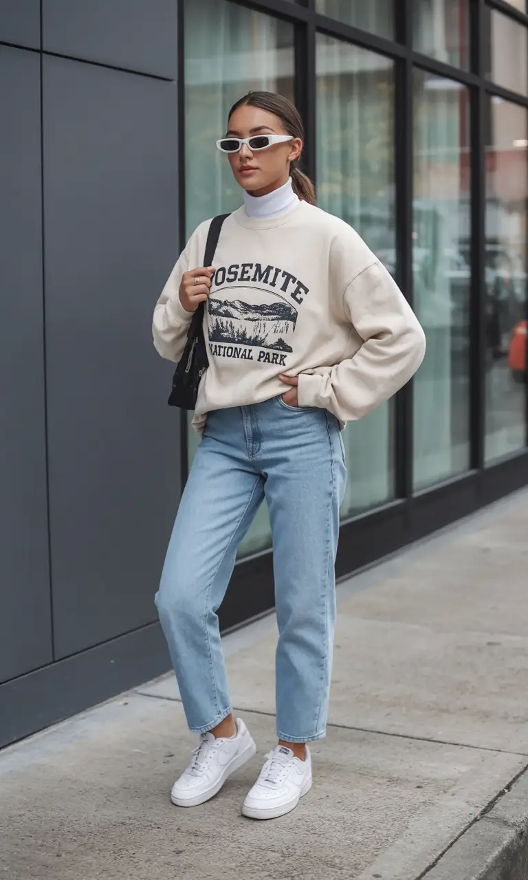 March Outfits - Spring Ideas 2026 Graphic Sweatshirt and Light Denim with a Sporty Spring Energy