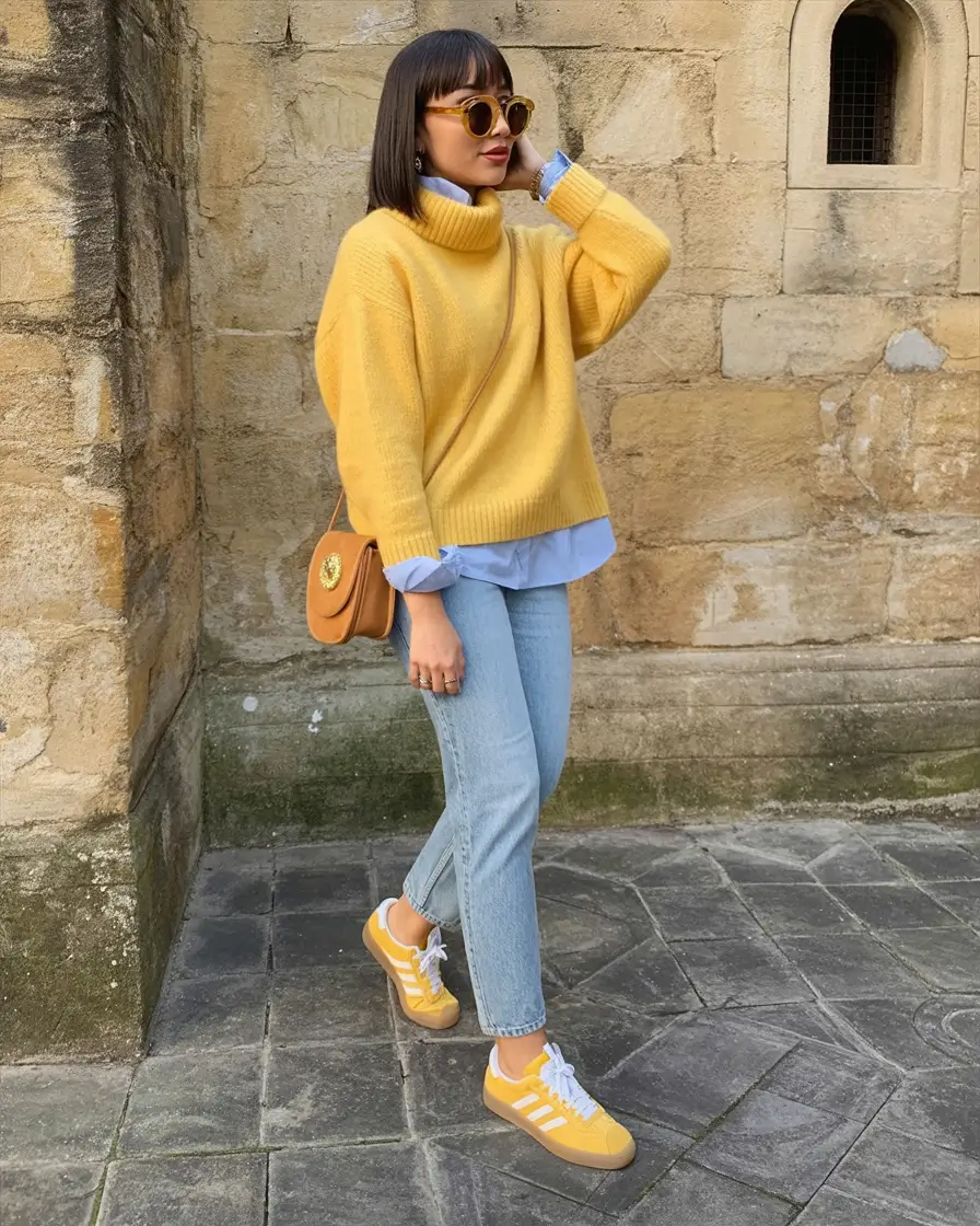 March Outfits - Spring Ideas 2026 Sunlit Yellow Layers with Light Denim Warmth