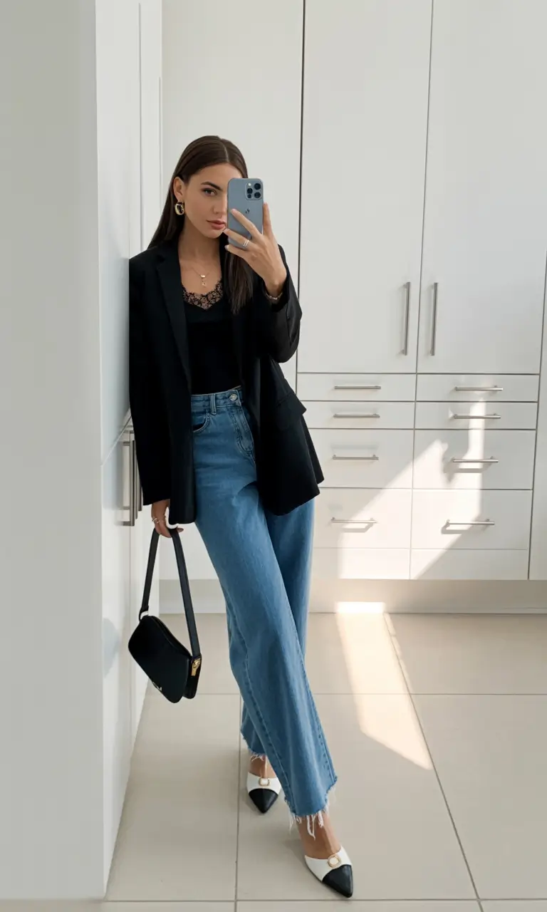 March Outfits - Spring Ideas 2026 Black Blazer Elegance with Denim and Minimal Details
