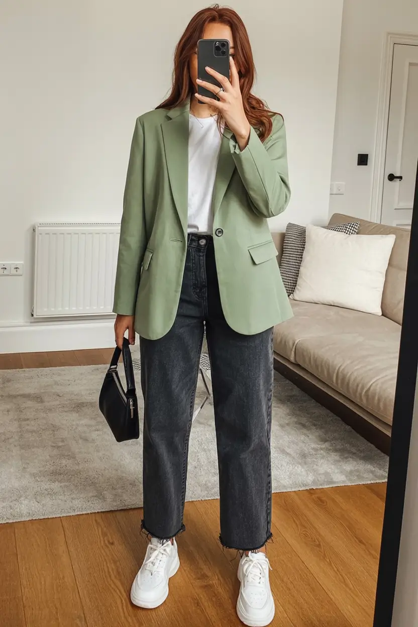 March Outfits - Spring Ideas 2026 Soft Green Blazer and Dark Denim Ease