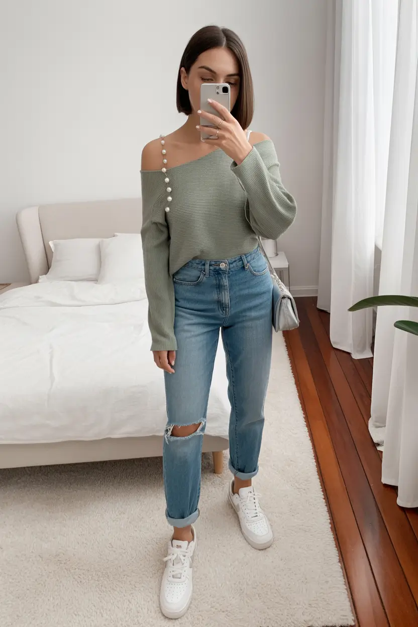 minimalist spring jeans outfit 2026 Pearl Accent Elegance