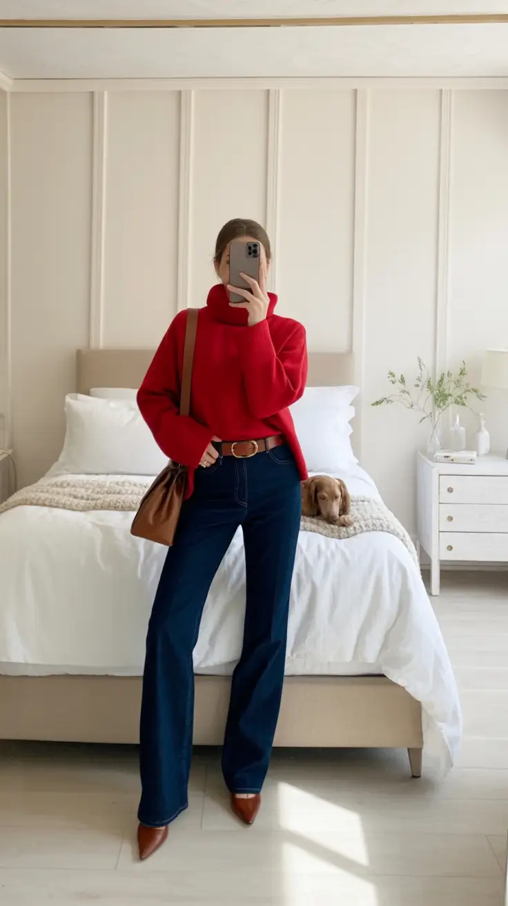 minimalist spring jeans outfit 2026 Red Knit Energy