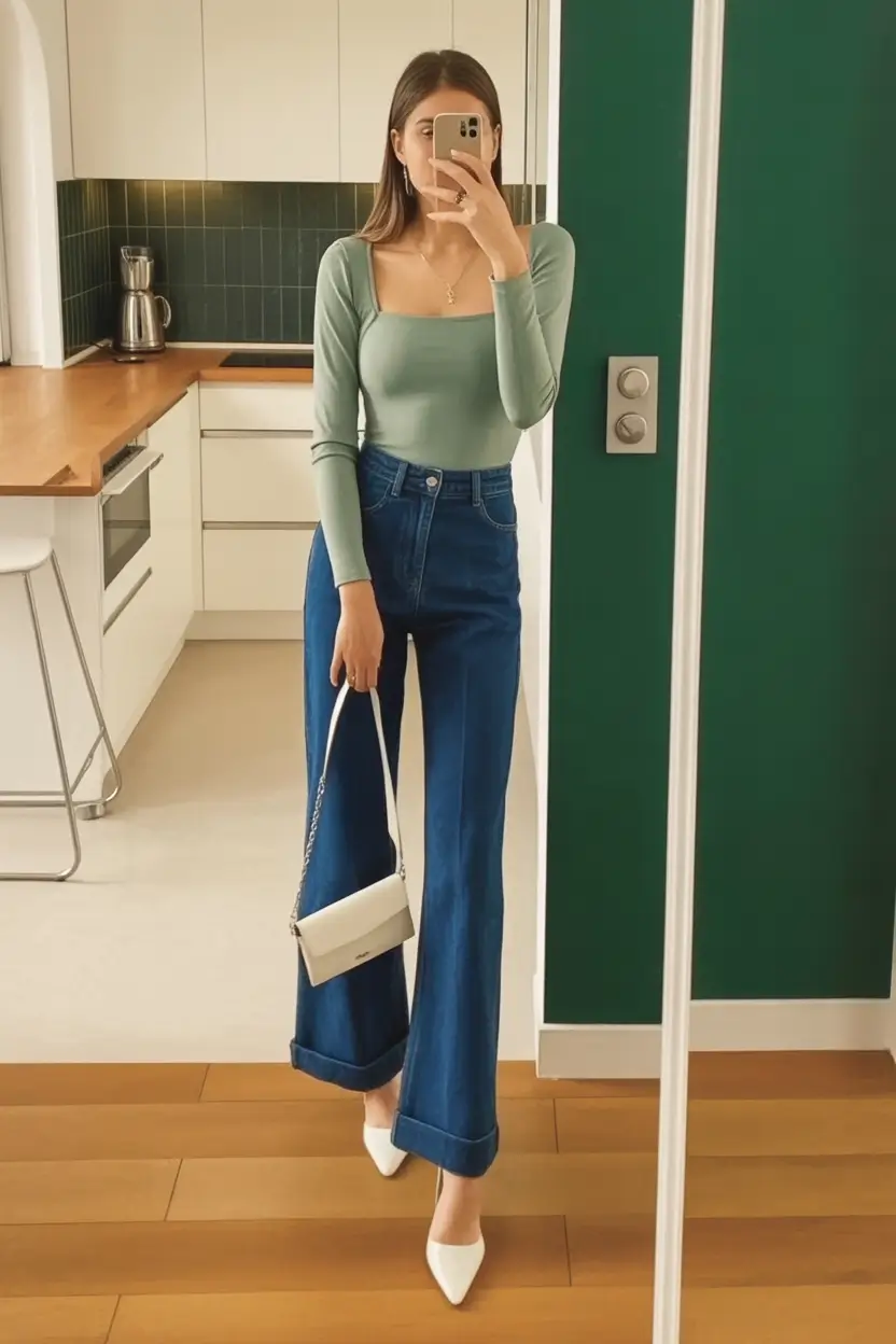 minimalist spring jeans outfit 2026 Sage Green Simplicity