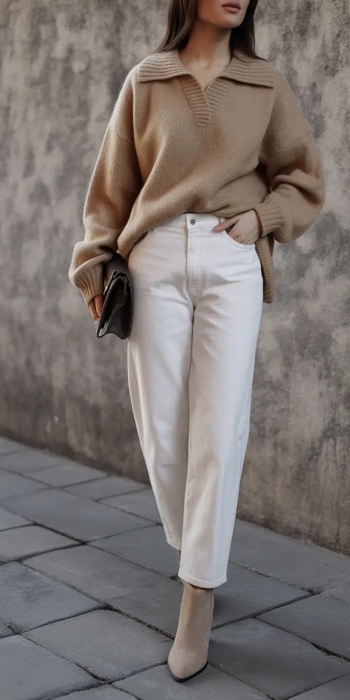 minimalist spring jeans outfit 2026 Cozy Neutral Balance