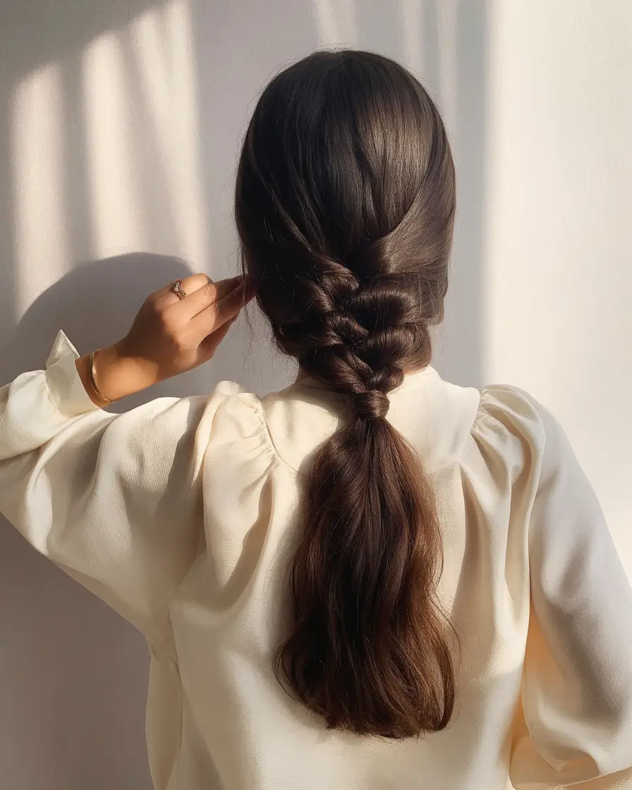 modern spring braids hairstyle 2026 Soft Wrapped Low Braid with Sculpted Volume