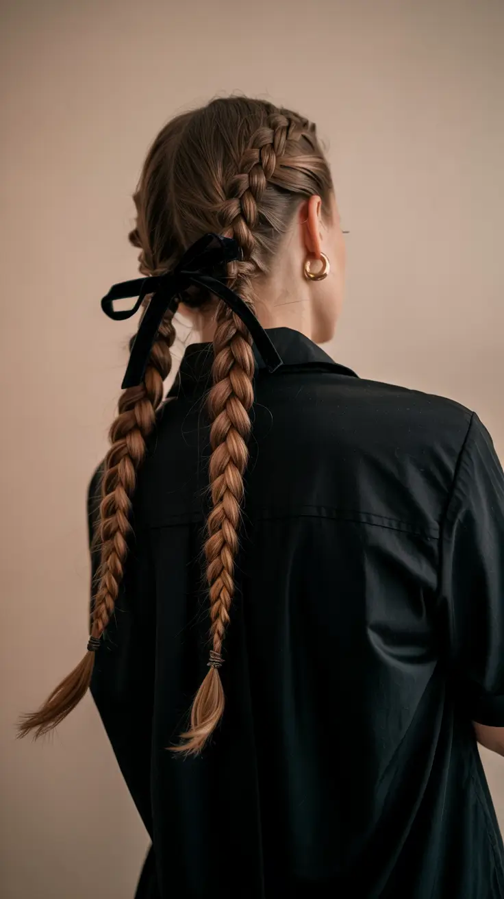 modern spring braids hairstyle 2026 Classic Double Braids with Velvet Ribbon Accent
