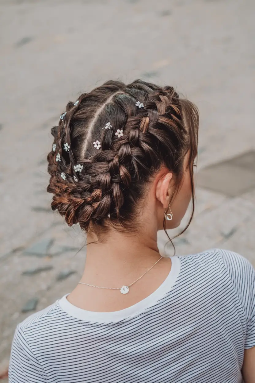 modern spring braids hairstyle 2026 Floral Accent Braided Low Updo