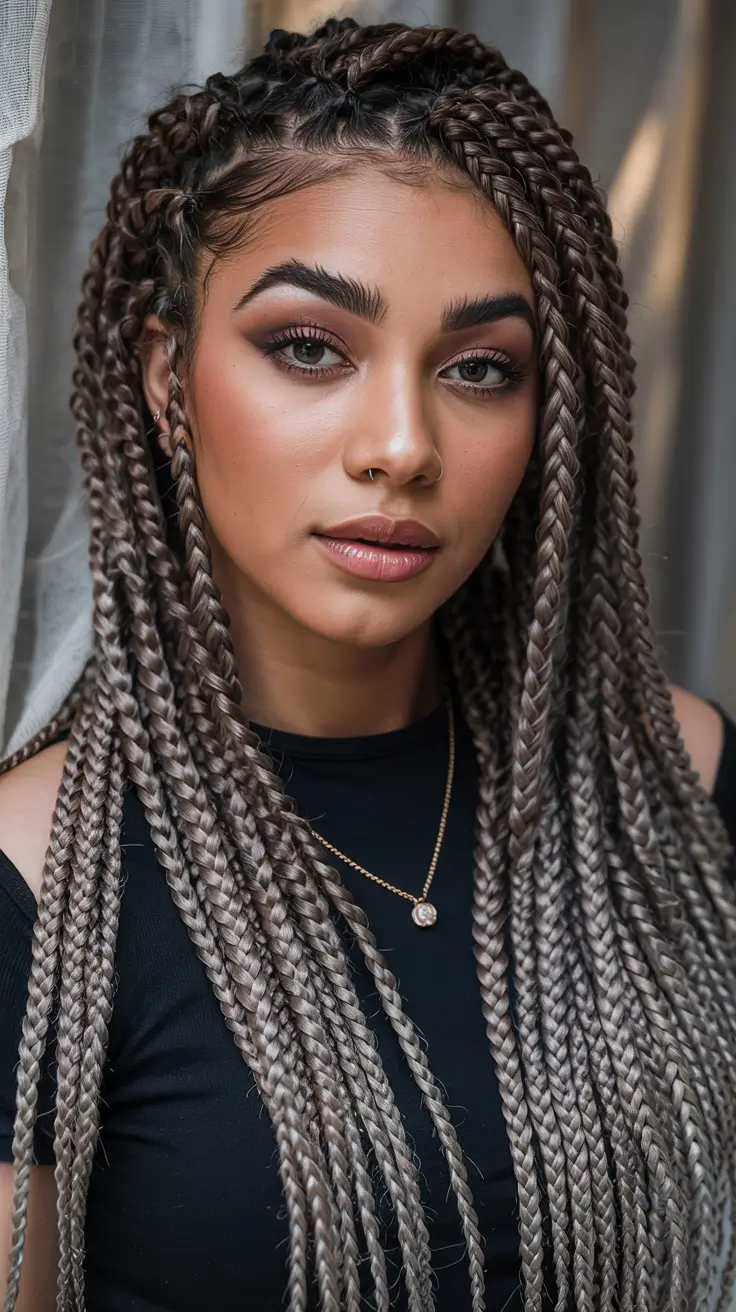 modern spring braids hairstyle 2026 Long Ash Brown Box Braids with Defined Parting