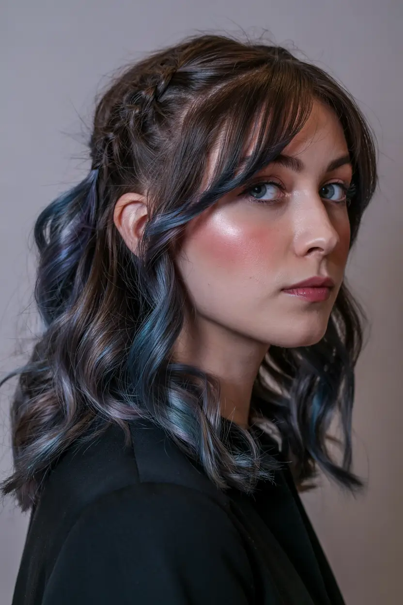 modern spring braids hairstyle 2026 Moody Blue Accent Waves with Hidden Side Braids