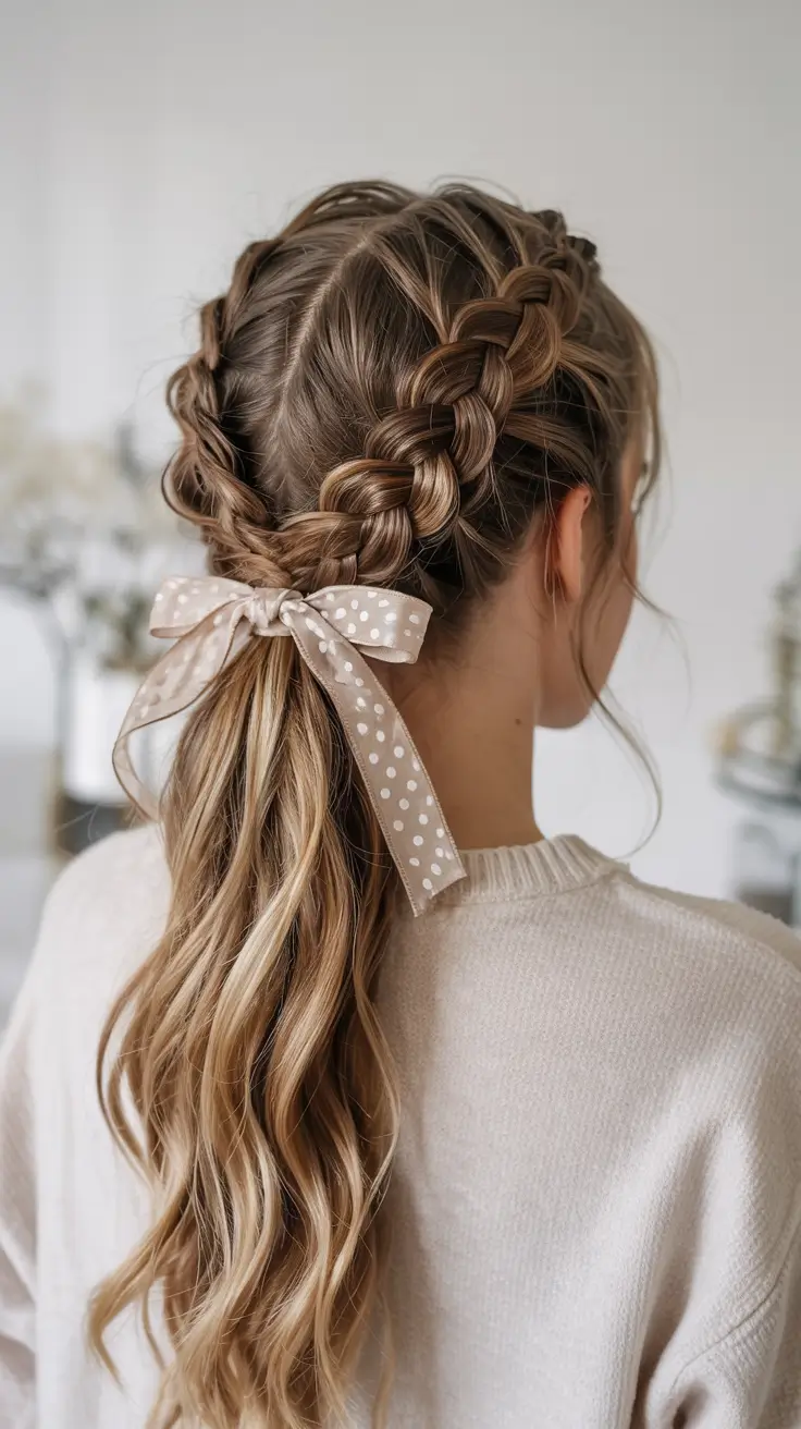modern spring braids hairstyle 2026 Romantic Ribbon Braided Ponytail