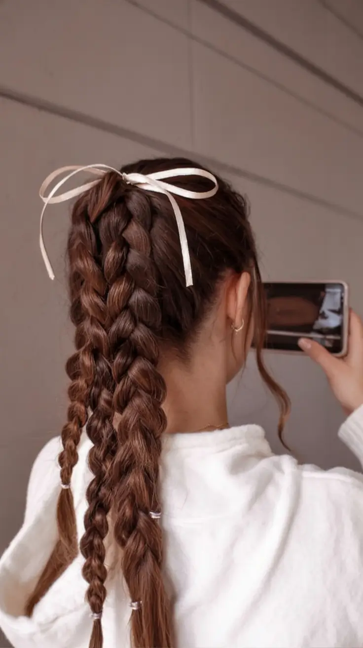 modern spring braids hairstyle 2026 Double Long Braids with Ribbon Detail