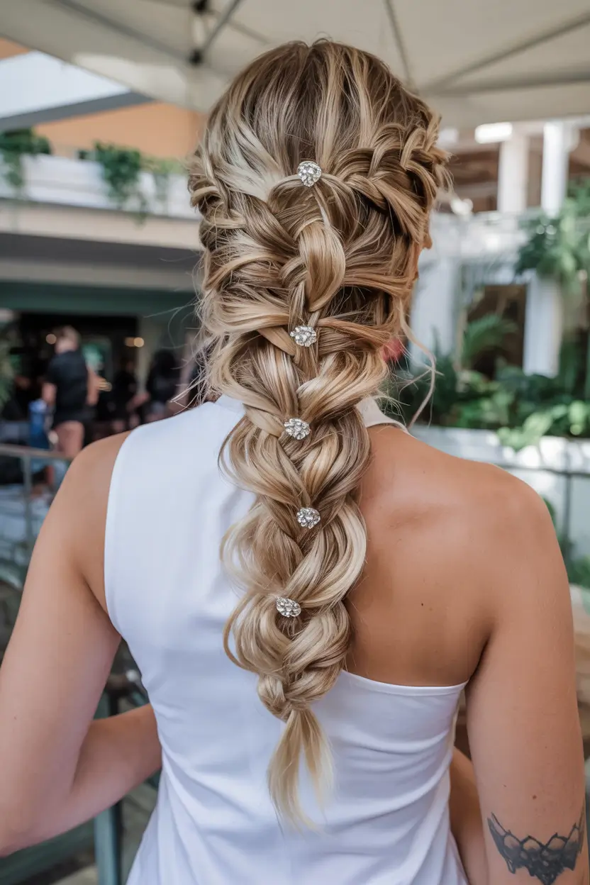 modern spring braids hairstyle 2026 Elegant Embellished Statement Braid