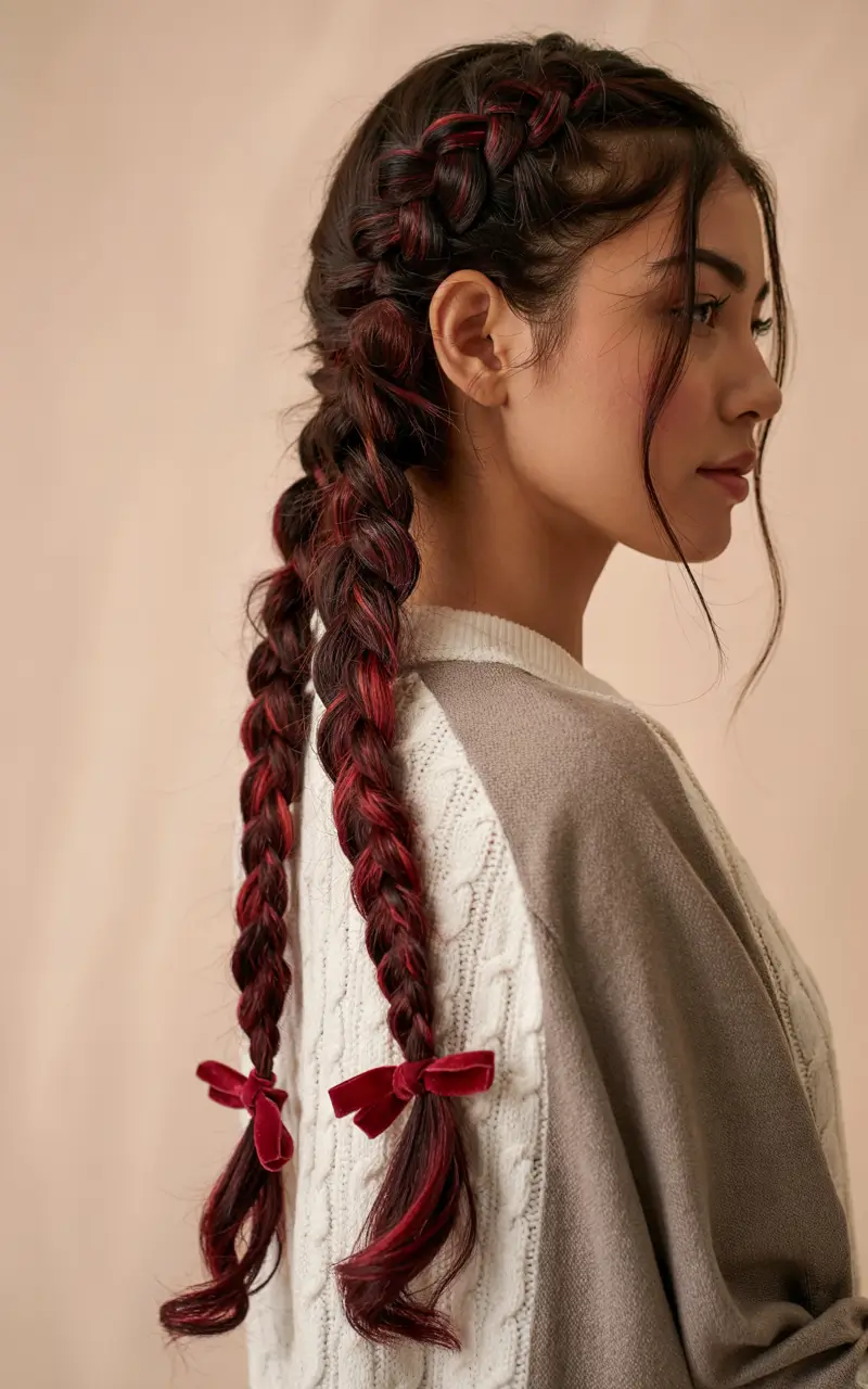 modern spring braids hairstyle 2026 Deep Red Accent Side Braids