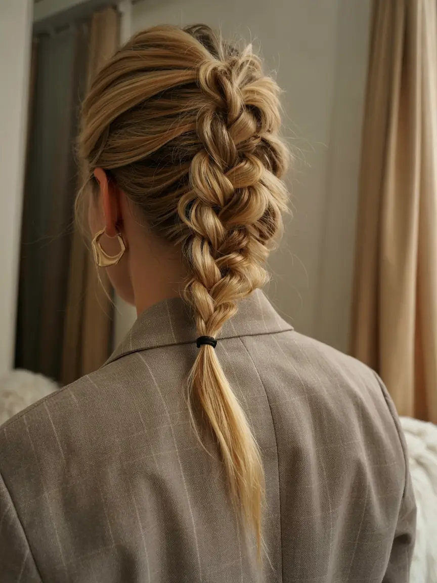 modern spring braids hairstyle 2026 Polished Blonde Power Braid for Modern Workdays