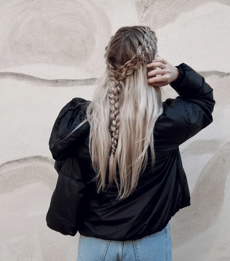 modern spring braids hairstyle 2026 Half Up Crown Braid with Long Platinum Length