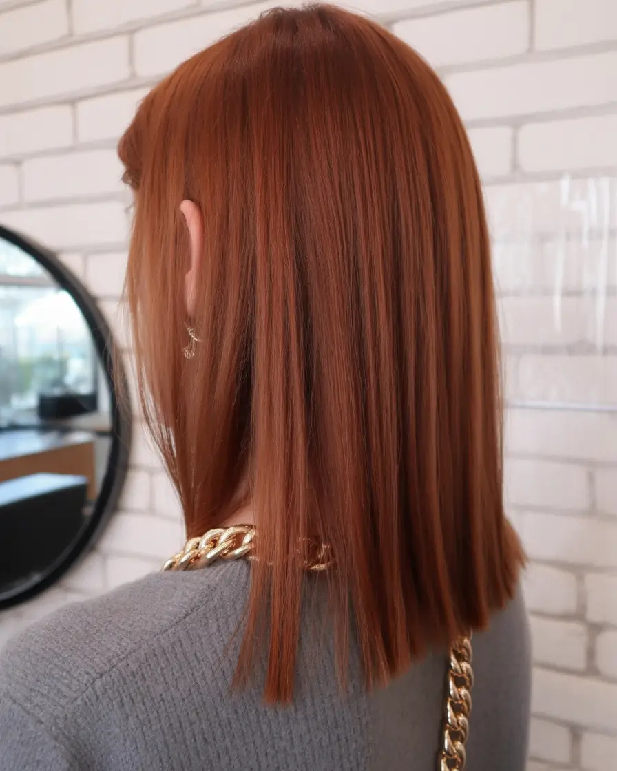modern spring mid length haircuts 2026 Blunt Copper Mid Length Haircut Straight Finish